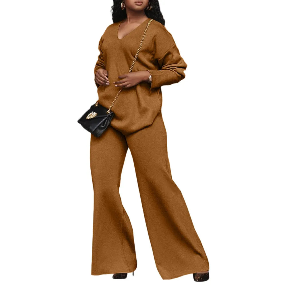 Women's brown suede two-piece casual suit with long sleeves and trousers, Japanese Korean style.