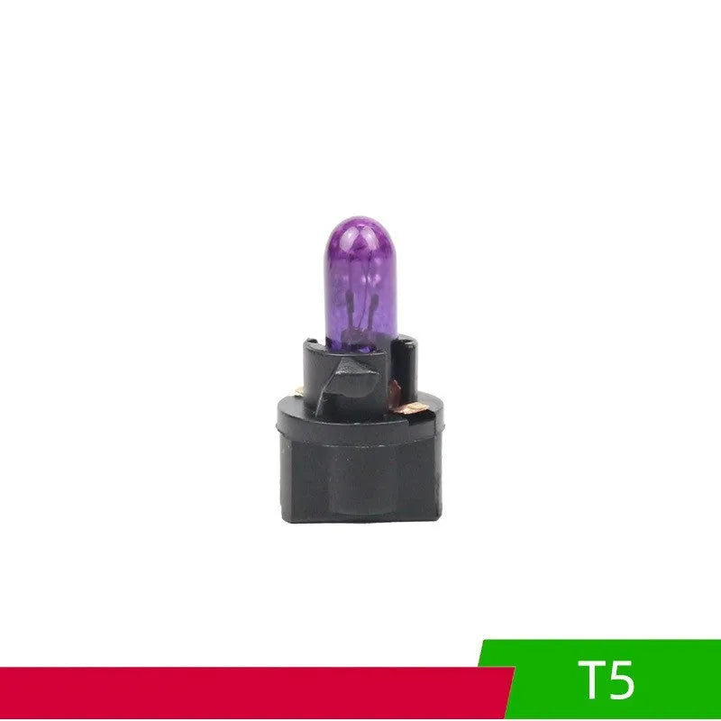 T5 12 volt 1.2 watt car indicator light bulb in red, blue, green, amber, yellow, and purple colours