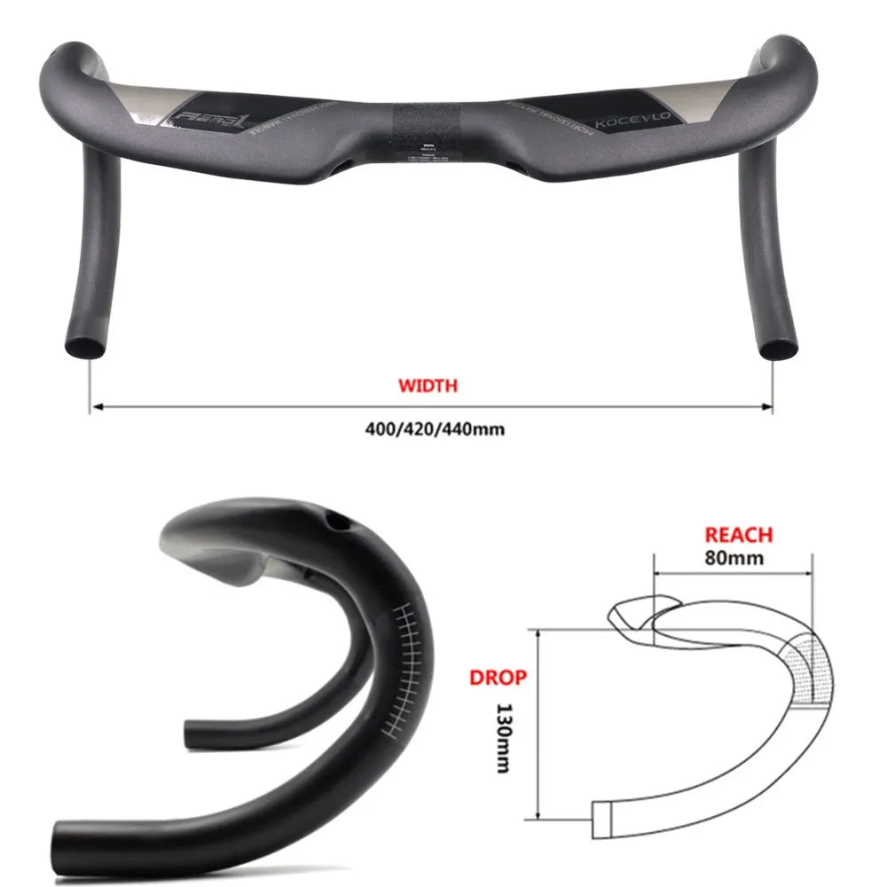 Wei Bike matt carbon fibre road bicycle drop handlebar shown from the side.