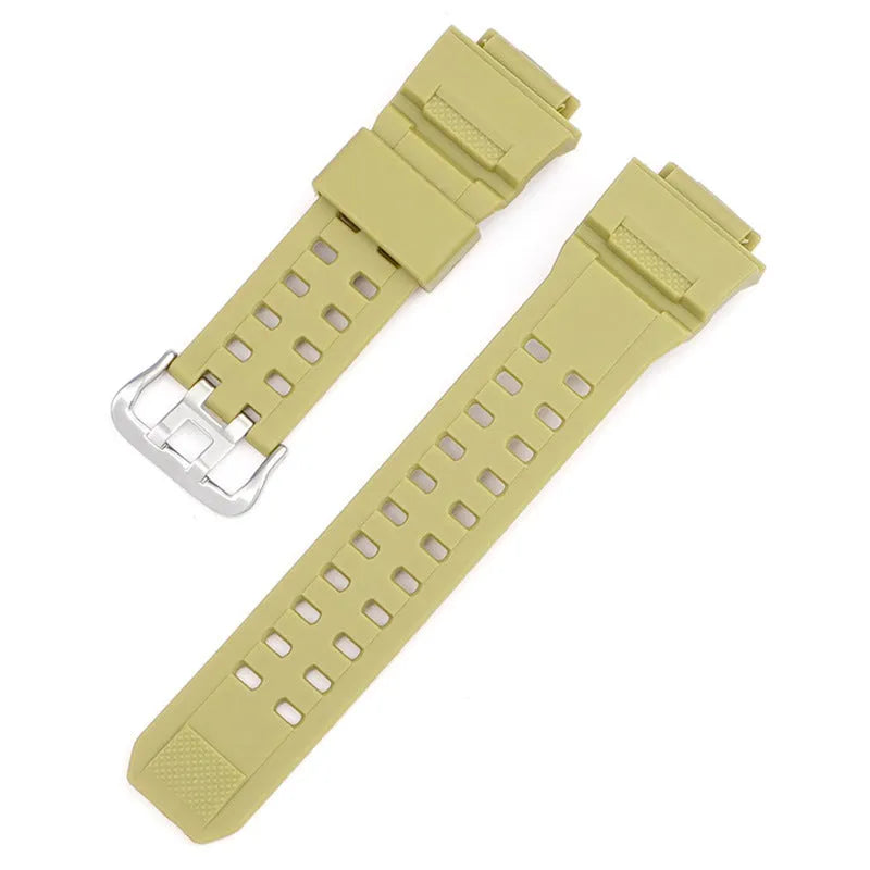 Camouflage pattern TPU rubber watch strap with silver buckle for G-Shock-style watches.