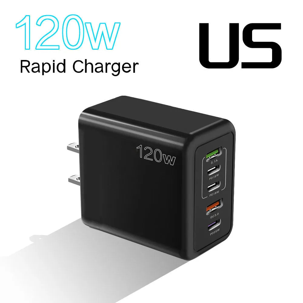 120W multi-port fast charger with five USB ports in white colour and UK three-pin plug