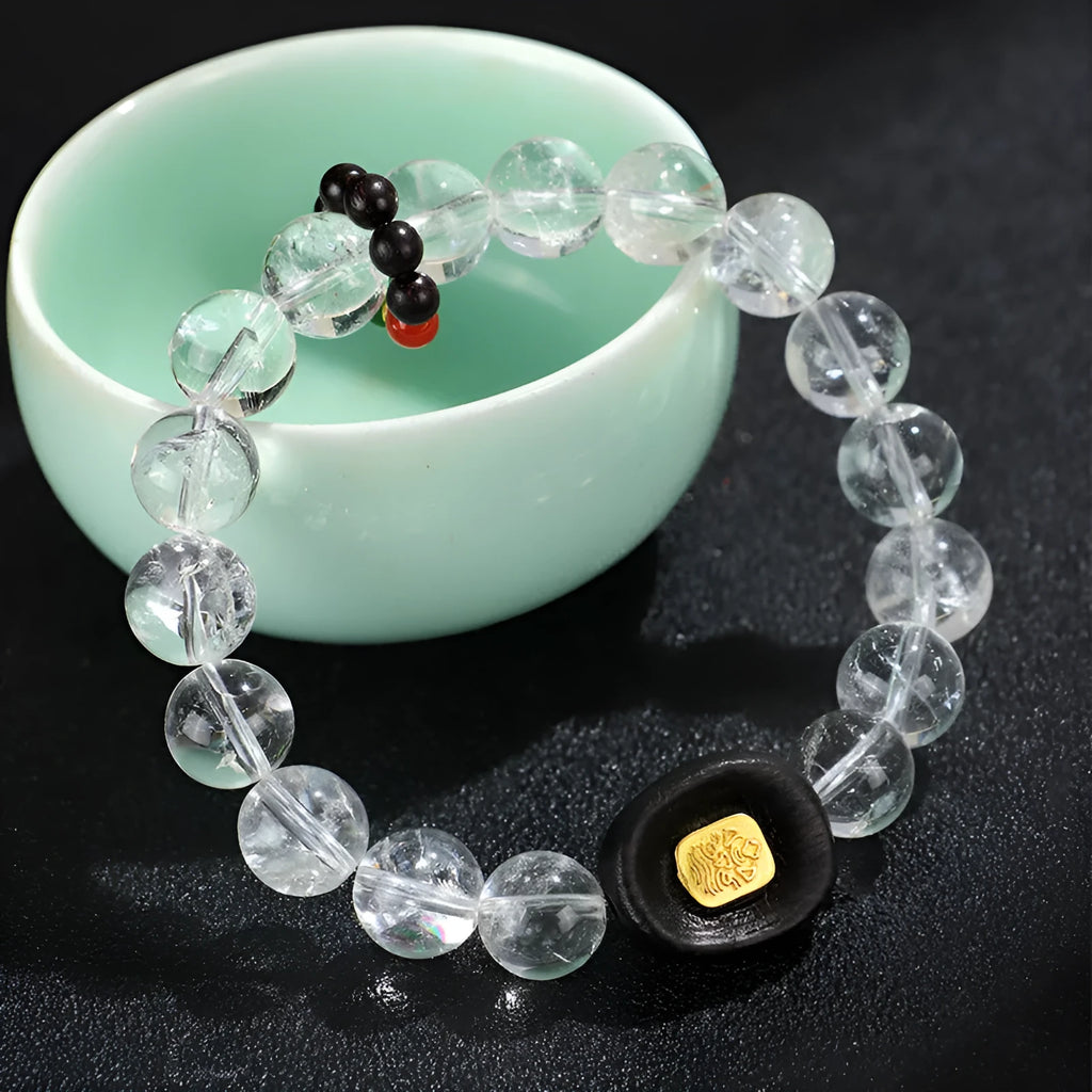 Handcrafted white crystal ebony five warp bracelet with ethnic design on blackwood