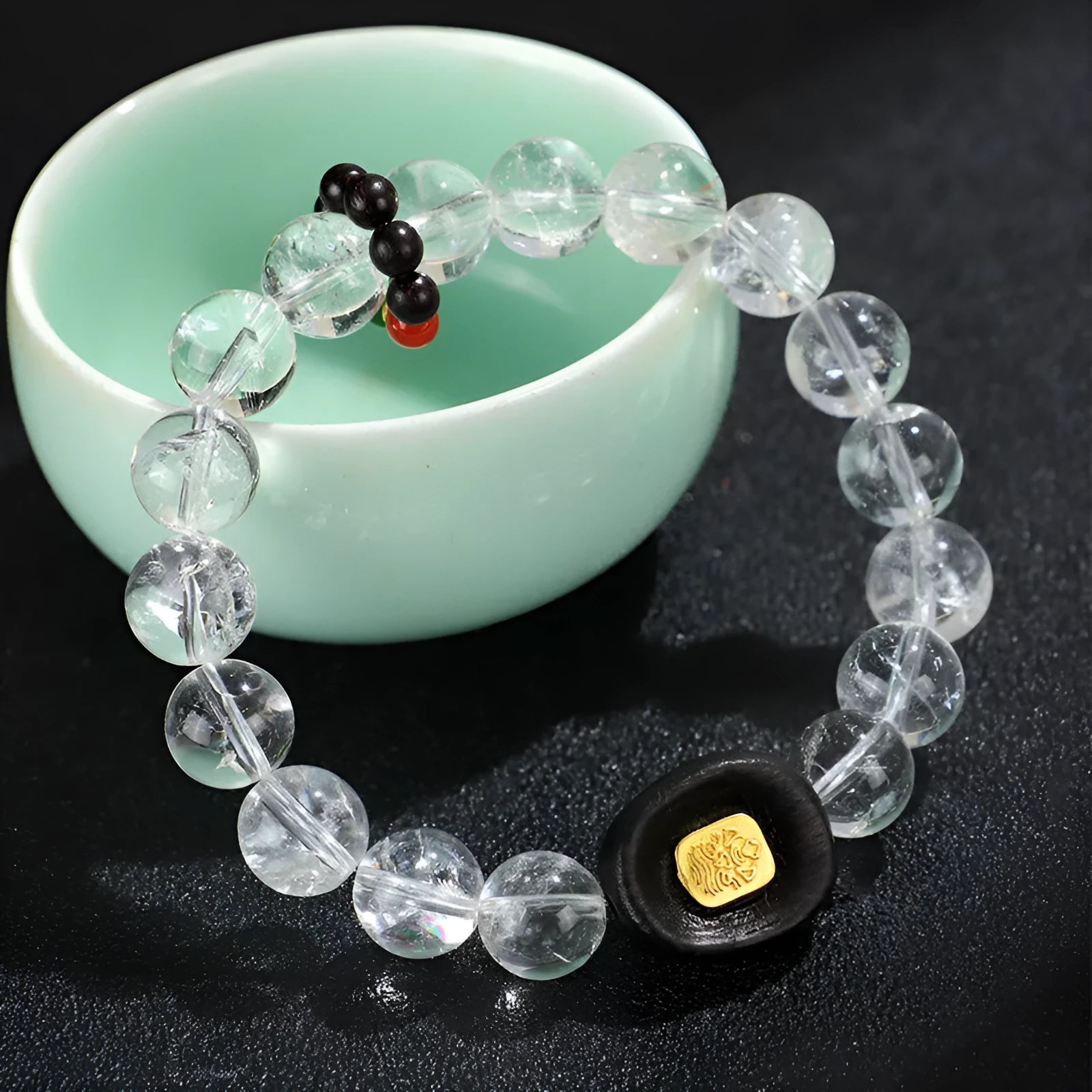 Handcrafted white crystal ebony five warp bracelet with ethnic design on blackwood