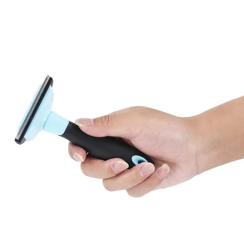 Removable knot opener pet hair removal comb in stainless steel, large size, blue colour, on a white background