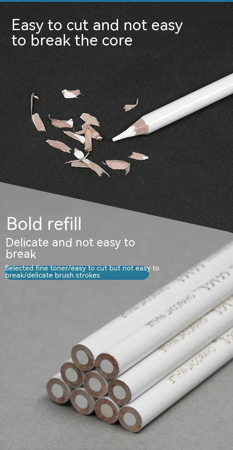 Set of three white charcoal pencils with wooden barrels for drawing on dark paper.