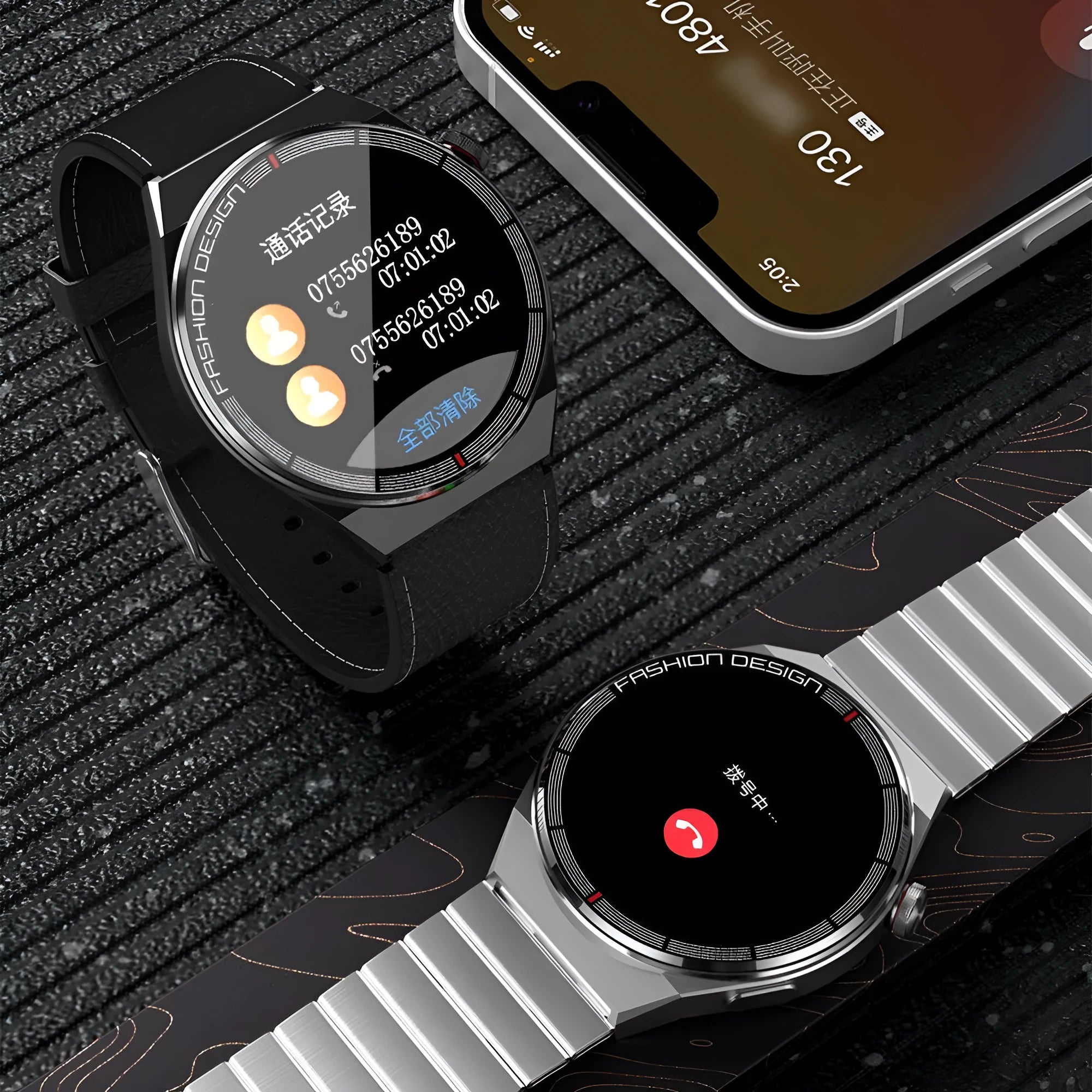 Black and silver smartwatch on wrist showing heart rate monitoring display with silicone and leather strap options.