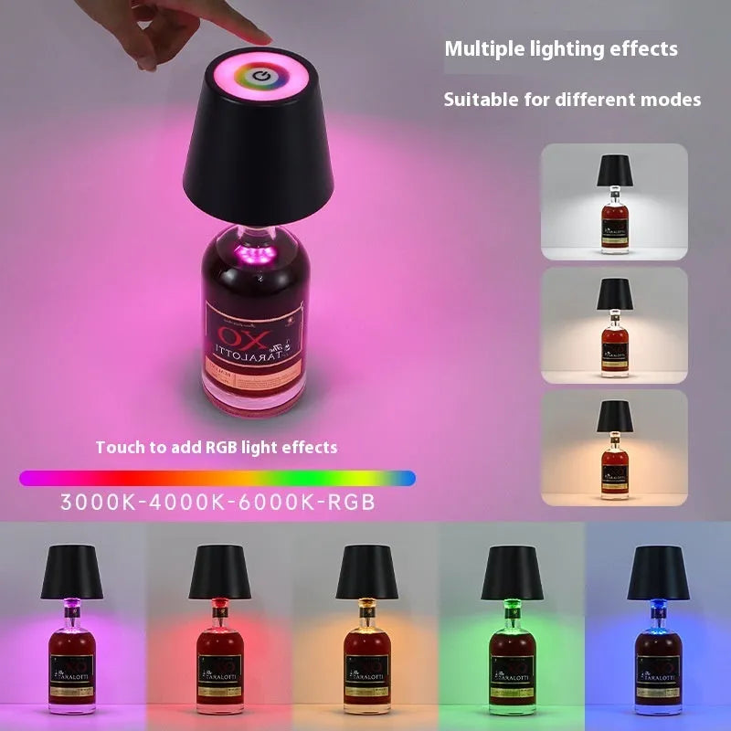 Plug-in Wine Bottle Lights Metal Wine Bottle Table Lamp Rechargeable RGB Tricolour Dimmable Creative Home Bar Decor Black White Gold Dark Blue Light Blue Green Pink Yellow Plastic Options 110V