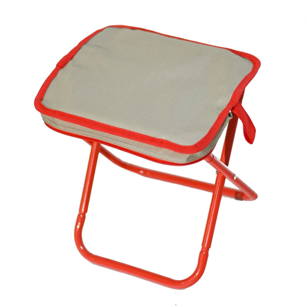 Lightweight foldable camp chair stool in Oxford cloth, shown in a khaki colour with carry handle.