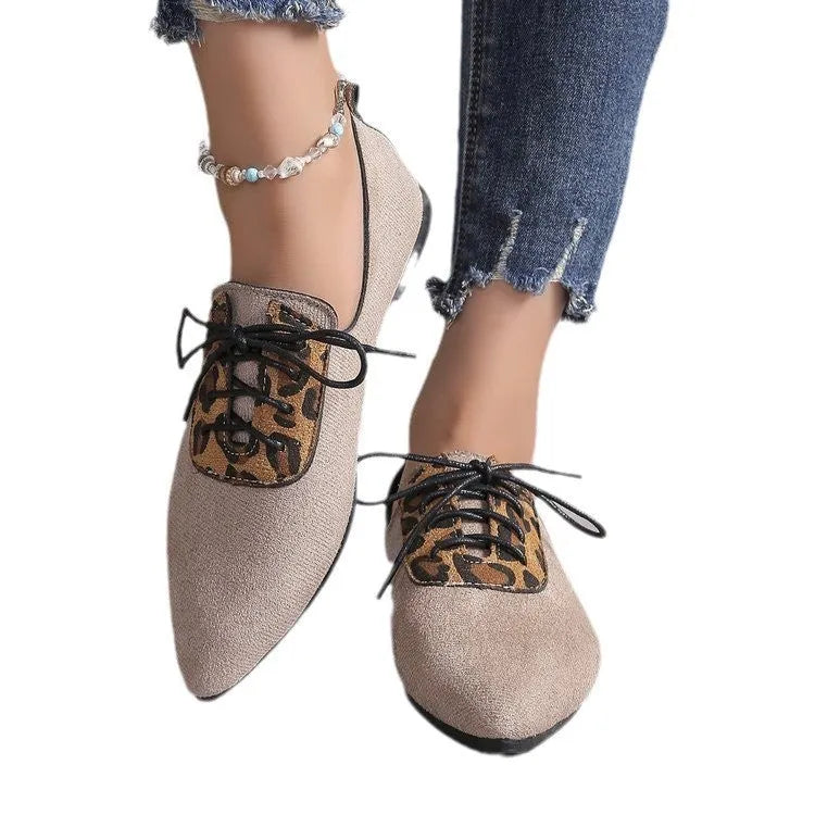 Beige leopard print pointed toe pumps for women in plus sizes with faux PU upper and rubber sole