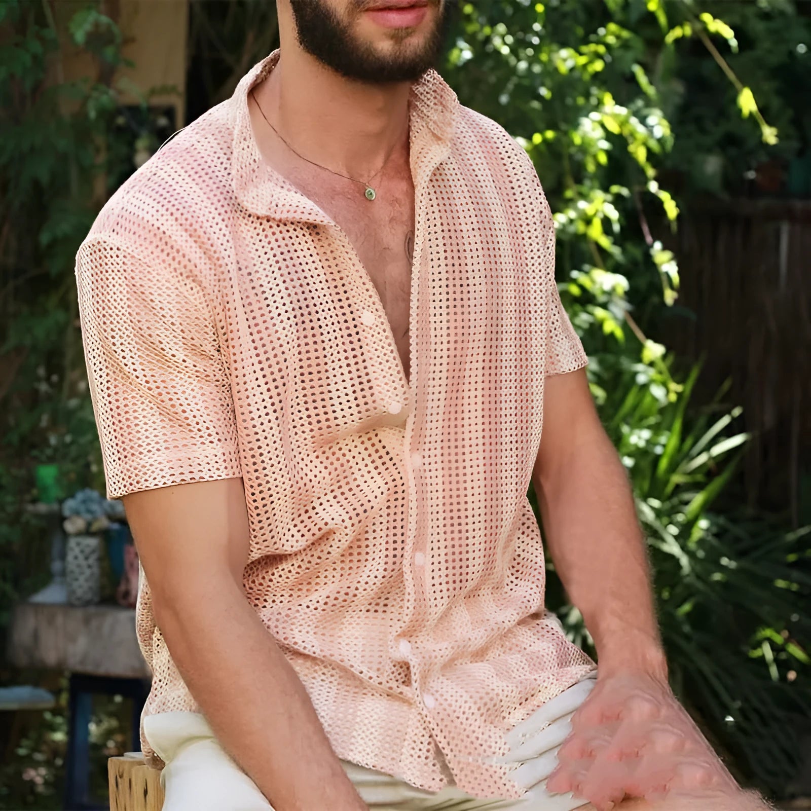 Men's pink waffle weave cardigan shirt with loose fit and short sleeves