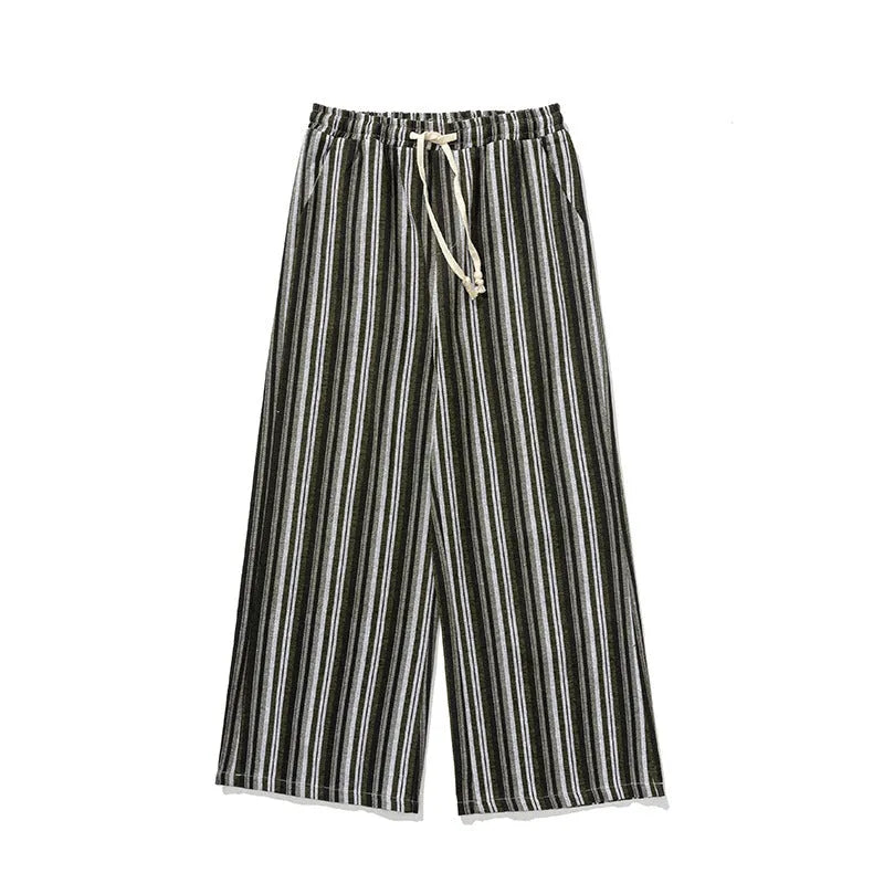 Vintage stripe loose straight leg mopping pants in cotton blend fabric on a hanger