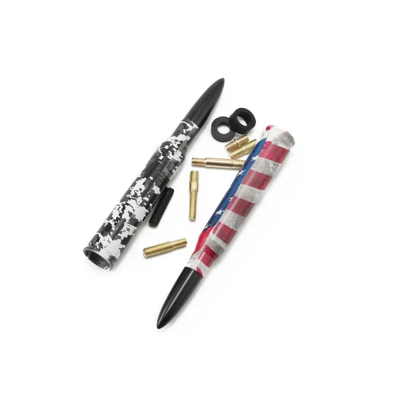 Bullet-style car antenna in black, camouflage green, and American flag designs, length 14cm.