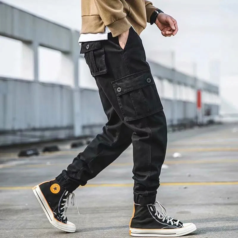 Men's black retro cotton loose cropped overalls with multi-pockets and ankle banded cuffs