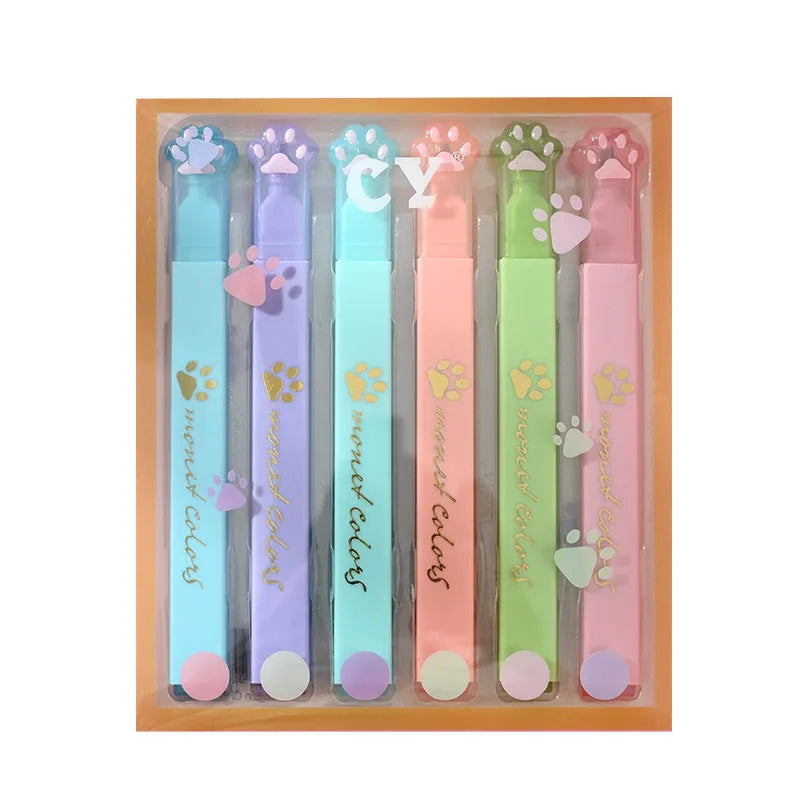 Cat's Paw set of six fluorescent marking pens with oblique heads in assorted colours.