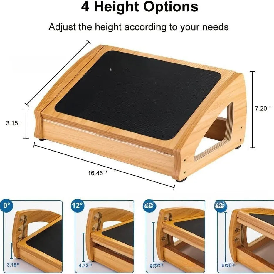 Wooden bamboo office desk footstool in natural wood colour for adult ergonomic seating support