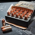 Transparent tactical power bank with decorative bullet clips showing 3500mAh PD3.0 charging