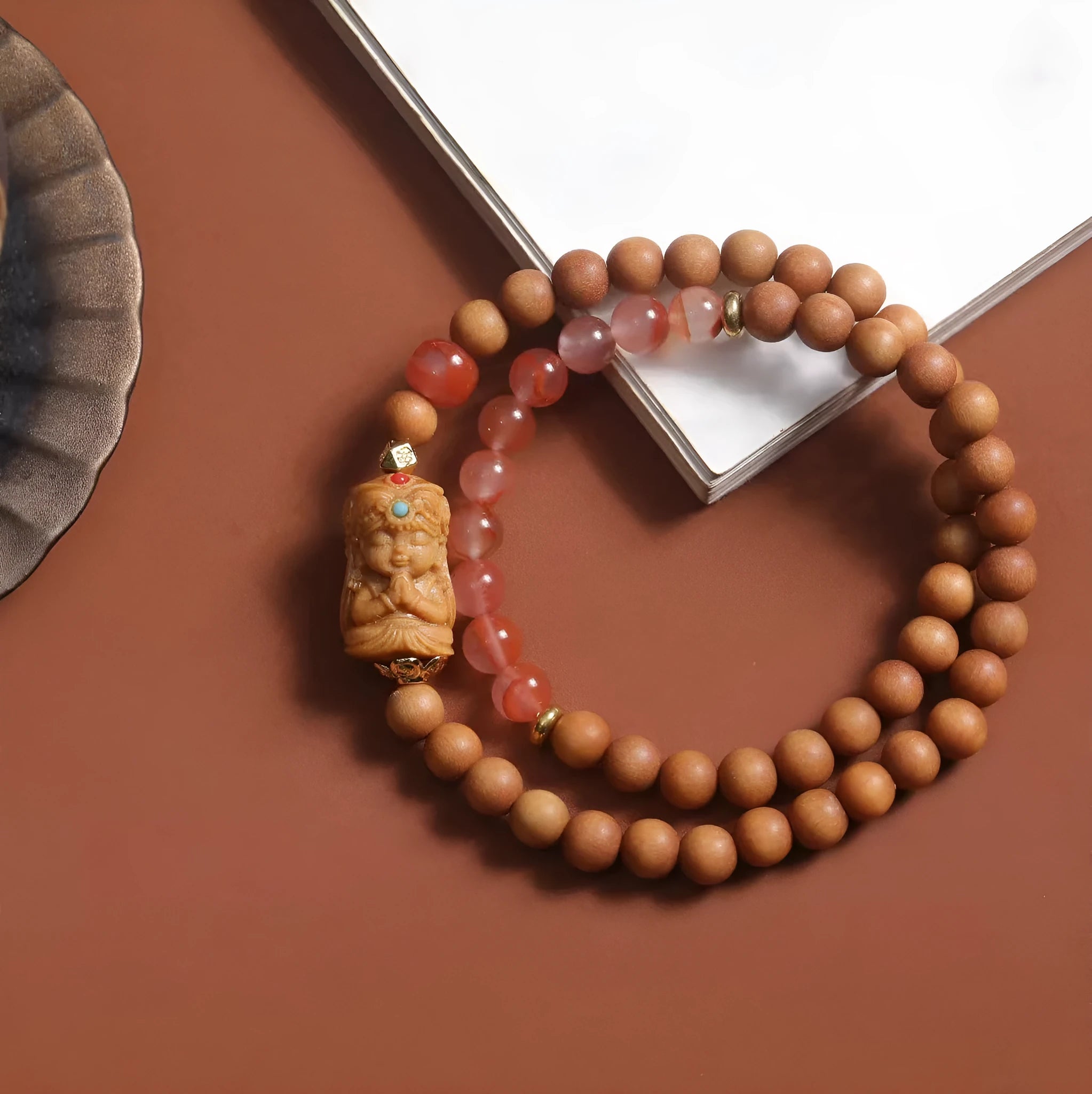 Brown sandalwood bracelet with South Red double circle design and 6mm round beads