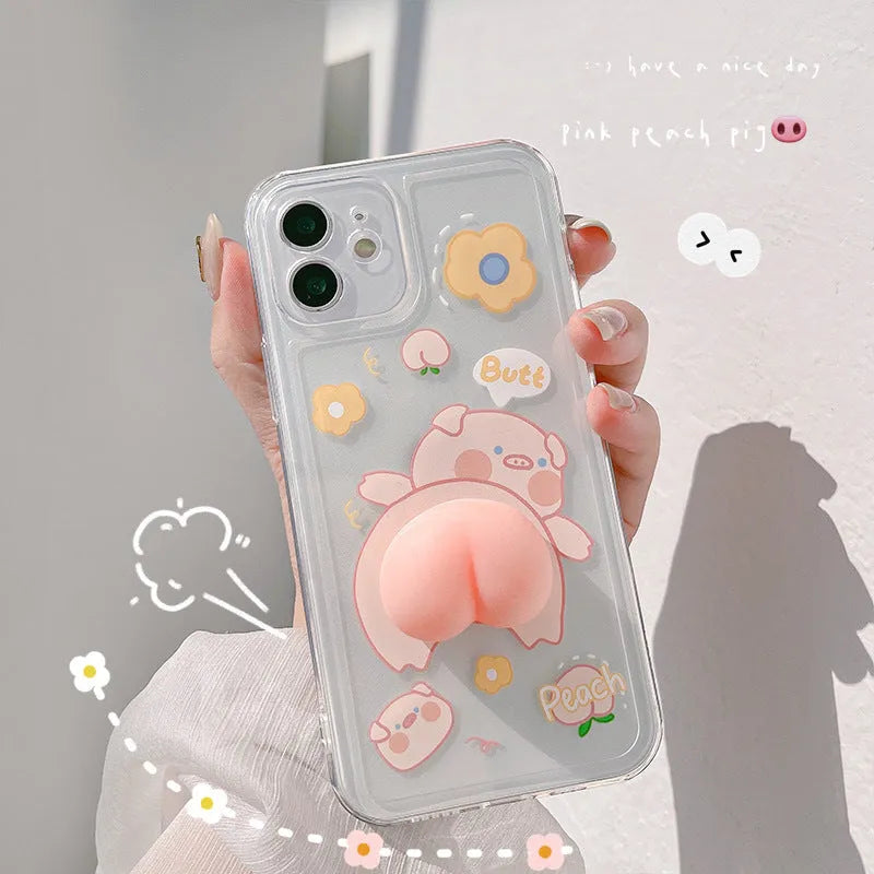 Transparent silicone phone case with three-dimensional cartoon pig butt design for iPhone
