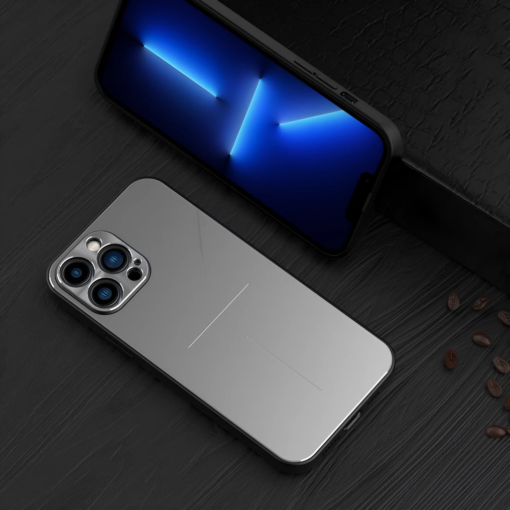 Skin Feel Metal Frosted Phone Case for iPhone 13/14 series in silver with aluminium alloy back and TPU edges