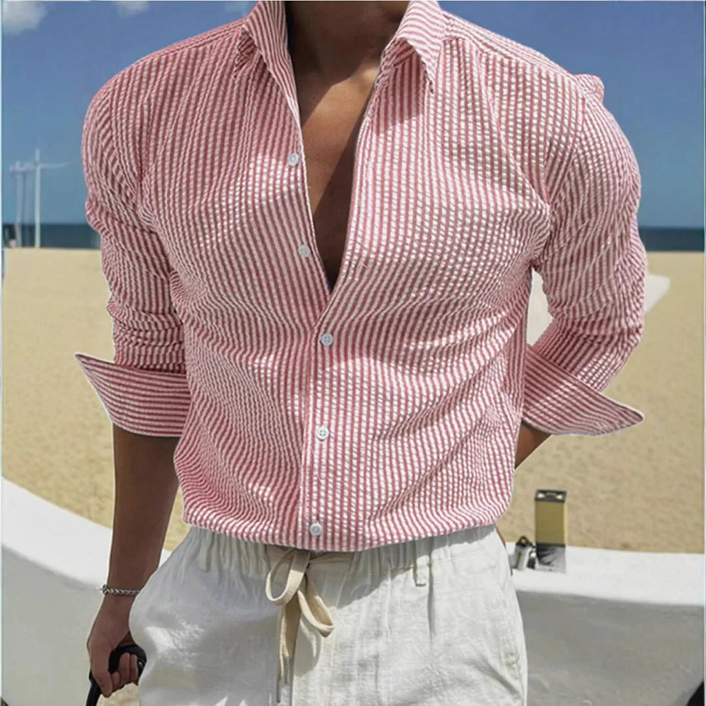 Fashion striped cardigan lapel long sleeve shirt in polyester fabric with lapel collar