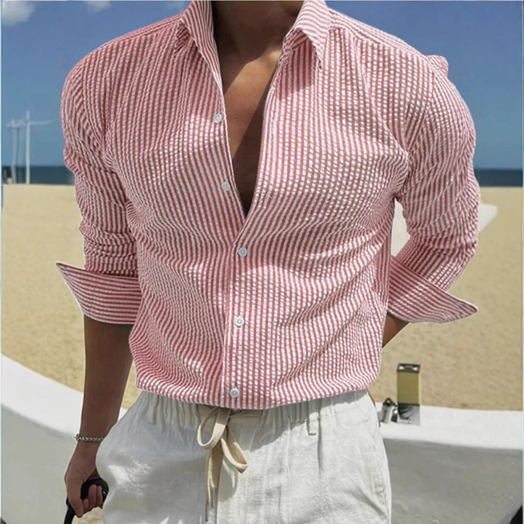 Fashion striped cardigan lapel long sleeve shirt in polyester fabric with lapel collar