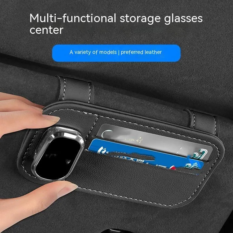 Leather sun louver card holder with glasses clip for car organisation in multiple colour options