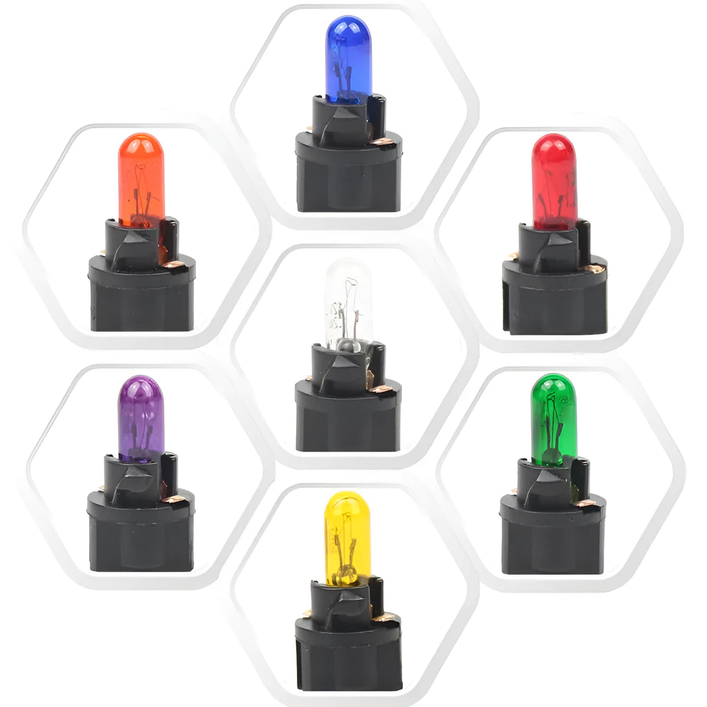 T5 12 volt 1.2 watt car indicator light bulb in red, blue, green, amber, yellow, and purple colours