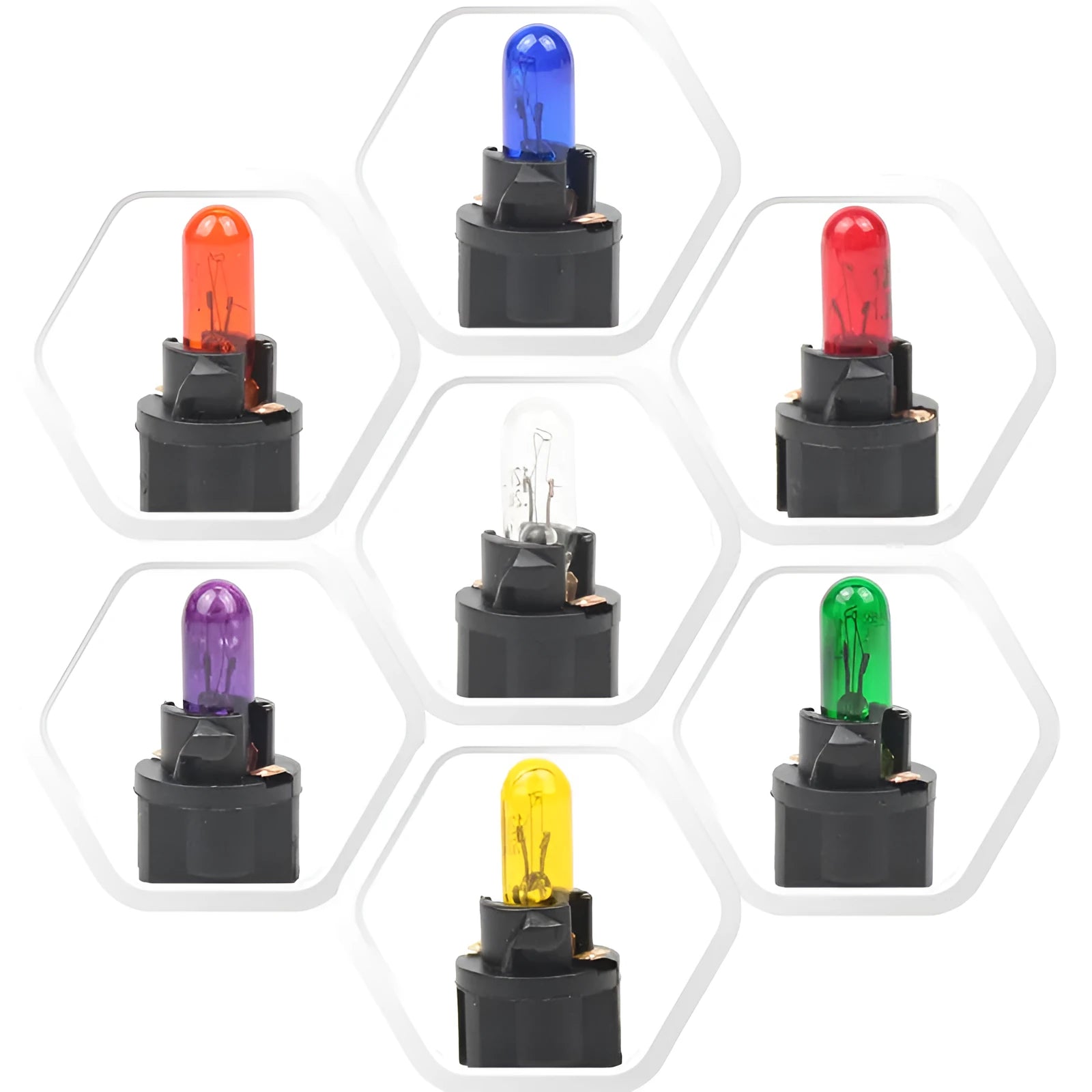T5 12 volt 1.2 watt car indicator light bulb in red, blue, green, amber, yellow, and purple colours