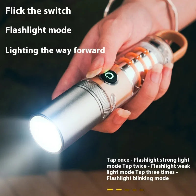 Orange and beige coloured multifunctional flashlight with keychain and optical zoom lens.