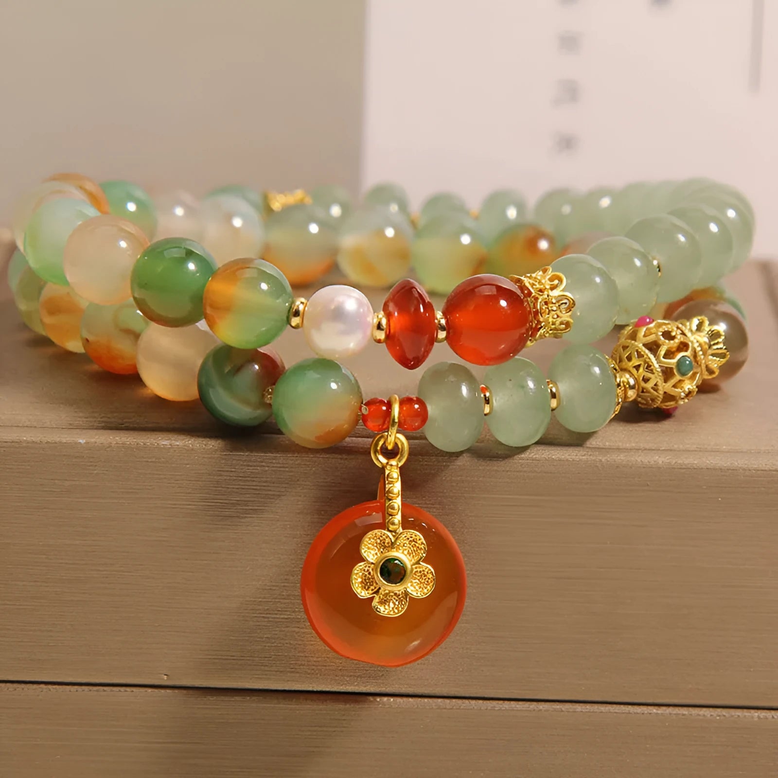 Peacock green agate double ring bracelet for women with safety buckle and rhinestone accents