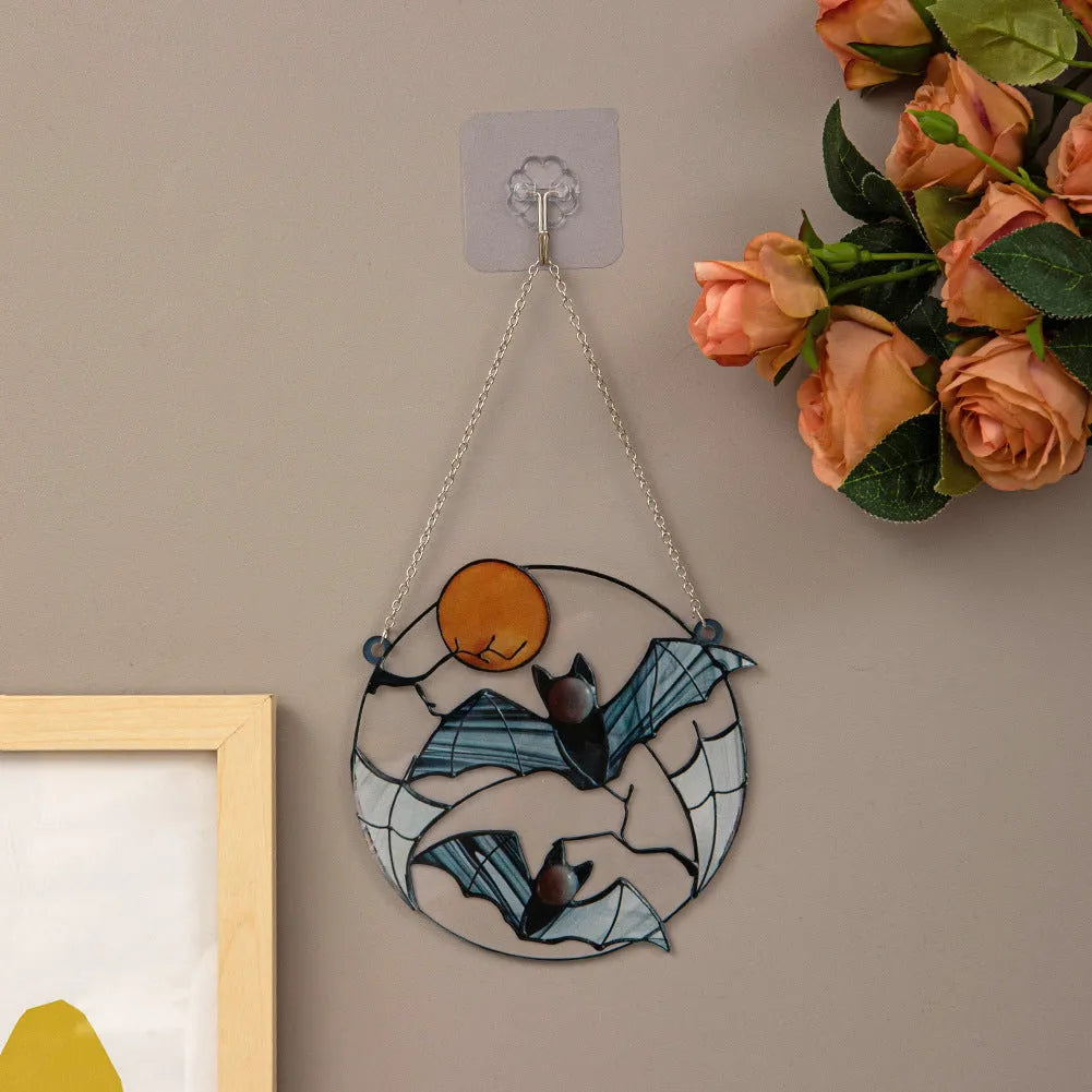 Moon Bat decorative acrylic pendant with engraved bat design, 15.3cm by 15cm, American style wall hanging