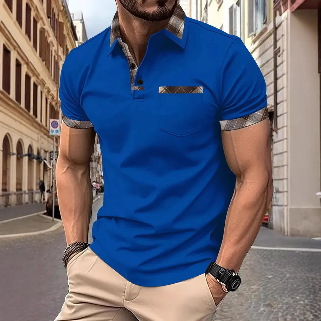 Men's loose fit short sleeve t-shirt in a plaid colourblock pattern with a zip detail.