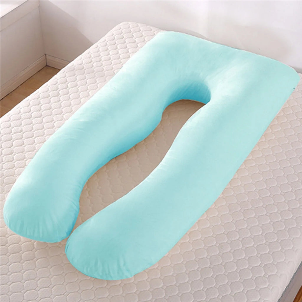 U-shaped maternity pillow for pregnant women in ice silk fabric, shown in light blue colour