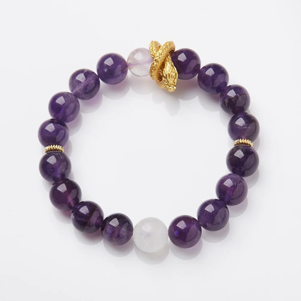 Purple crystal bracelet with nine charms, animal zodiac motifs, and 10mm beads
