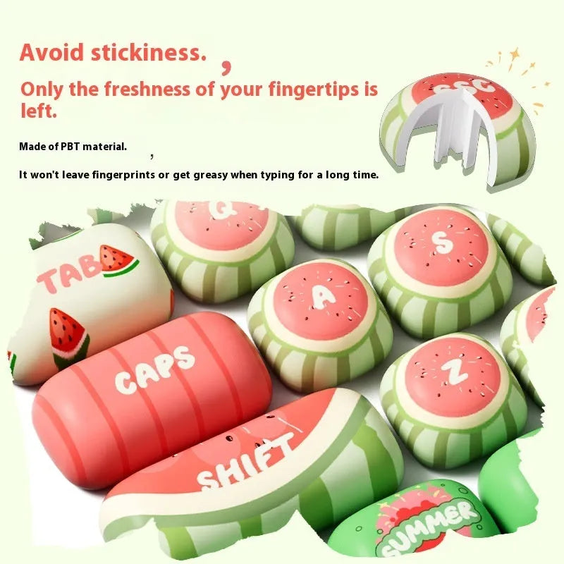 Watermelon-themed mechanical keyboard key cap set with blue accent keys and sublimation printing