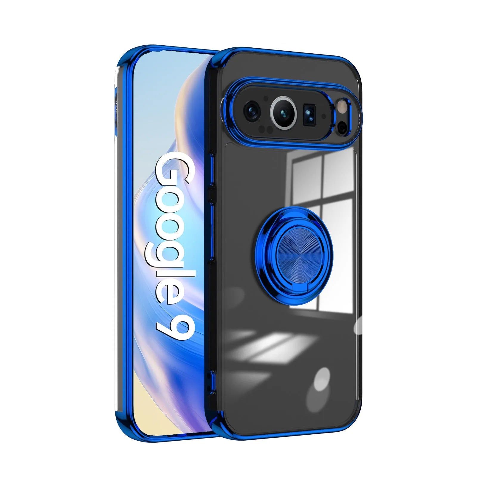 Google Pixel phone case with electroplated silicone transparent back and magnetic ring in silver colour showing front and rear view