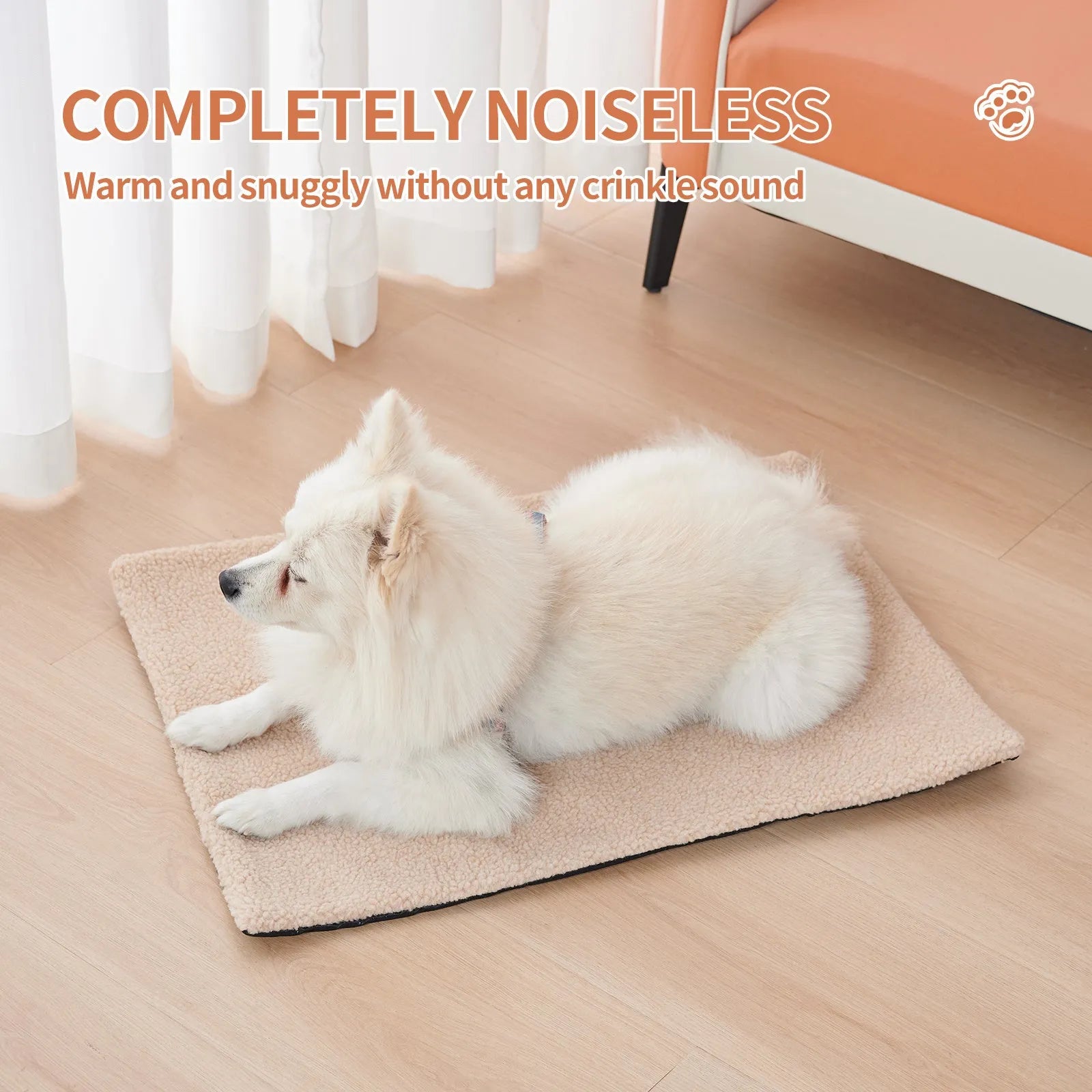 Grey self-heating pet pad for cats on floor next to measuring tape showing 95cm length