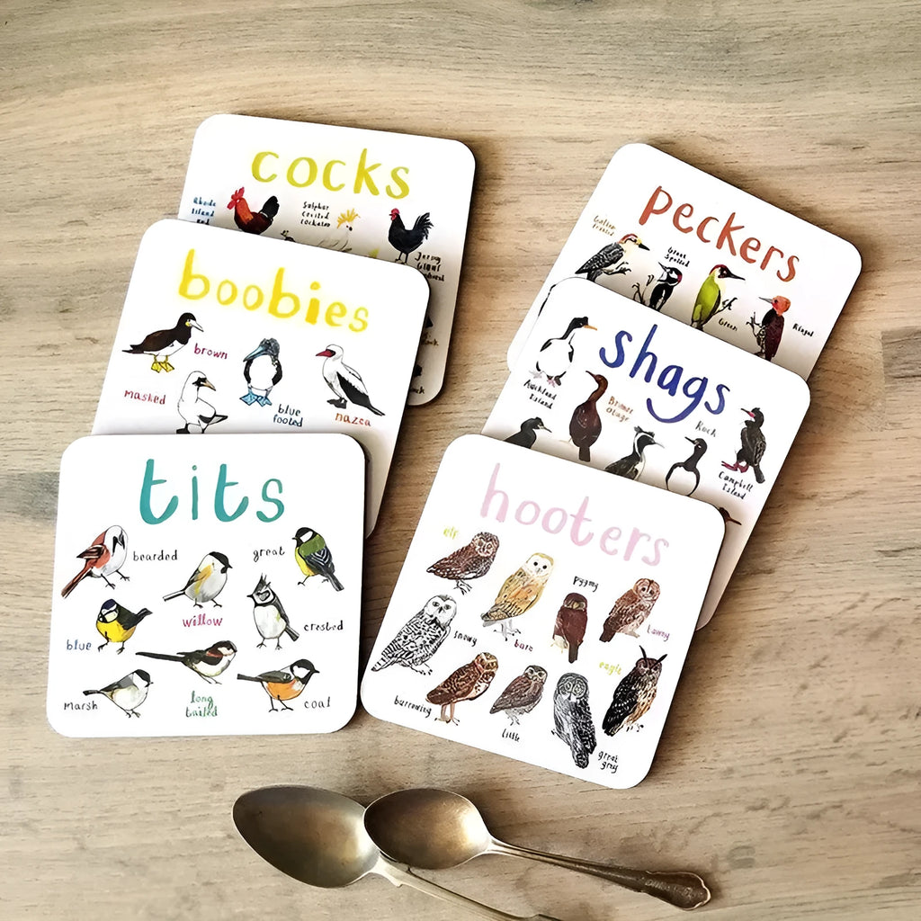 Set of six square PVC bird pun coasters with different bird chart designs on a table