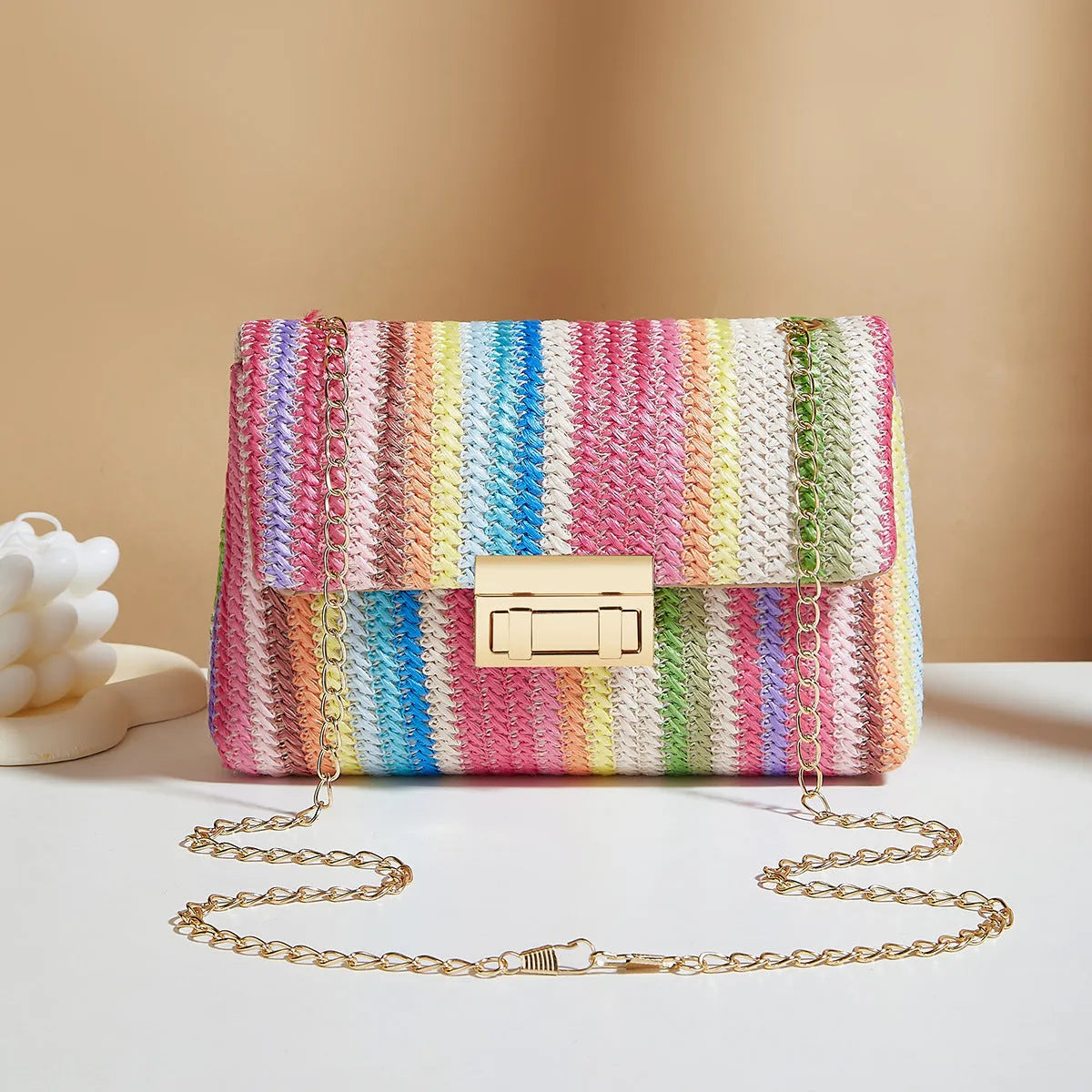 Women's straw cross-body bag with square shape and phone compartment in blue colour