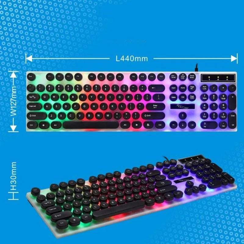 White or black 104-key wired RGB backlit waterproof gaming keyboard on a desk