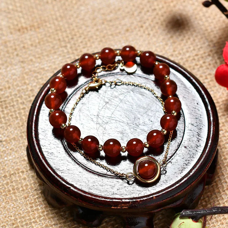 Double-layer women's crystal bracelet with electroplated gold finish and lucky beads on wrist