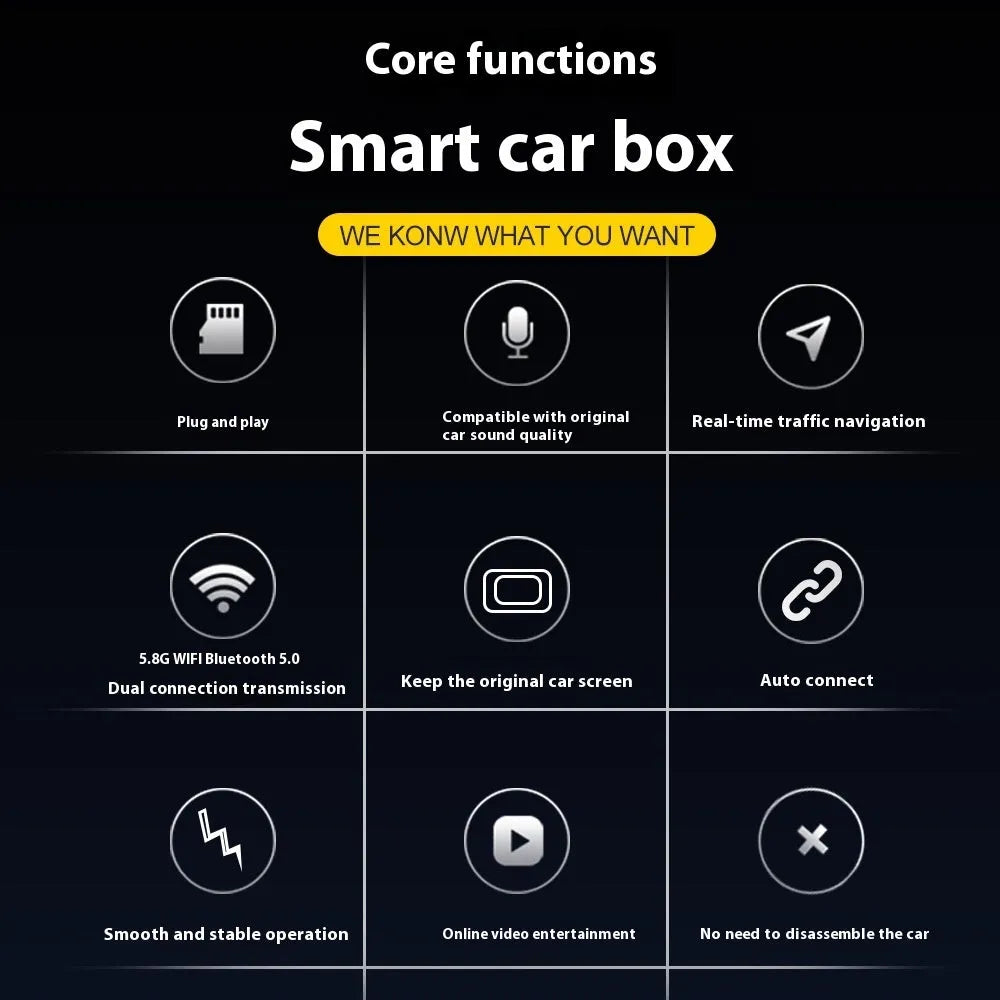 CarPlay wireless adapter M25 with 9-inch capacitive screen 1080P ABS black 65x43x12mm for Apple iPhone