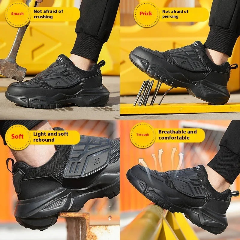 Black safety shoes with steel toe cap and anti-puncture sole, showing woven mesh fabric and TPU upper construction