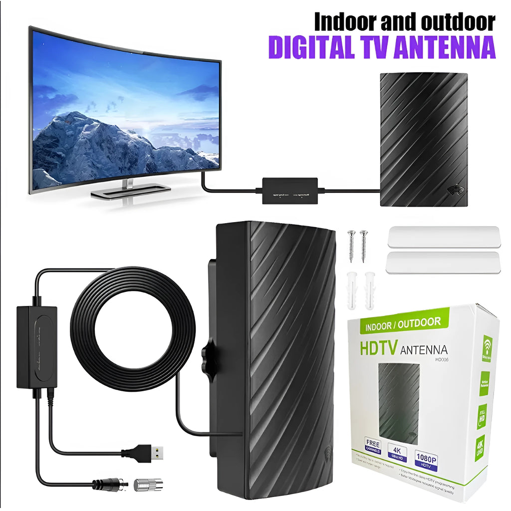 Black plastic digital television antenna with mounting accessories including screws and expansion tubes