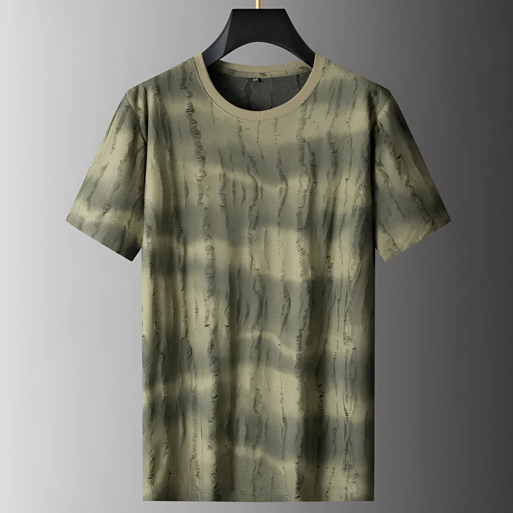 Men's grey plus size loose-fit silk T-shirt with short sleeves on a hanger.