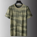 Men's grey plus size loose-fit silk T-shirt with short sleeves on a hanger.
