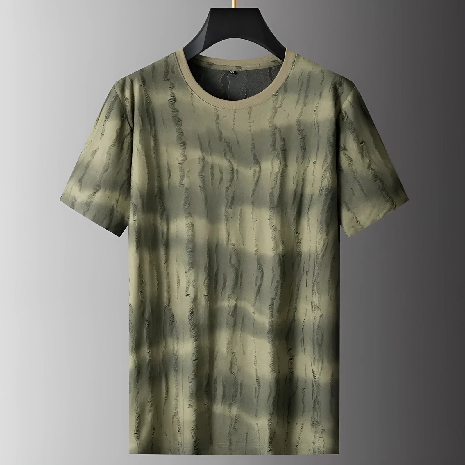 Men's grey plus size loose-fit silk T-shirt with short sleeves on a hanger.