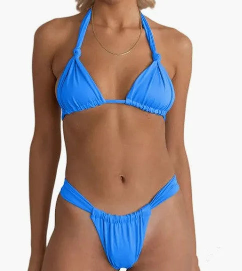 Women's pleated bikini with knotted centre and split straps in a solid colour.