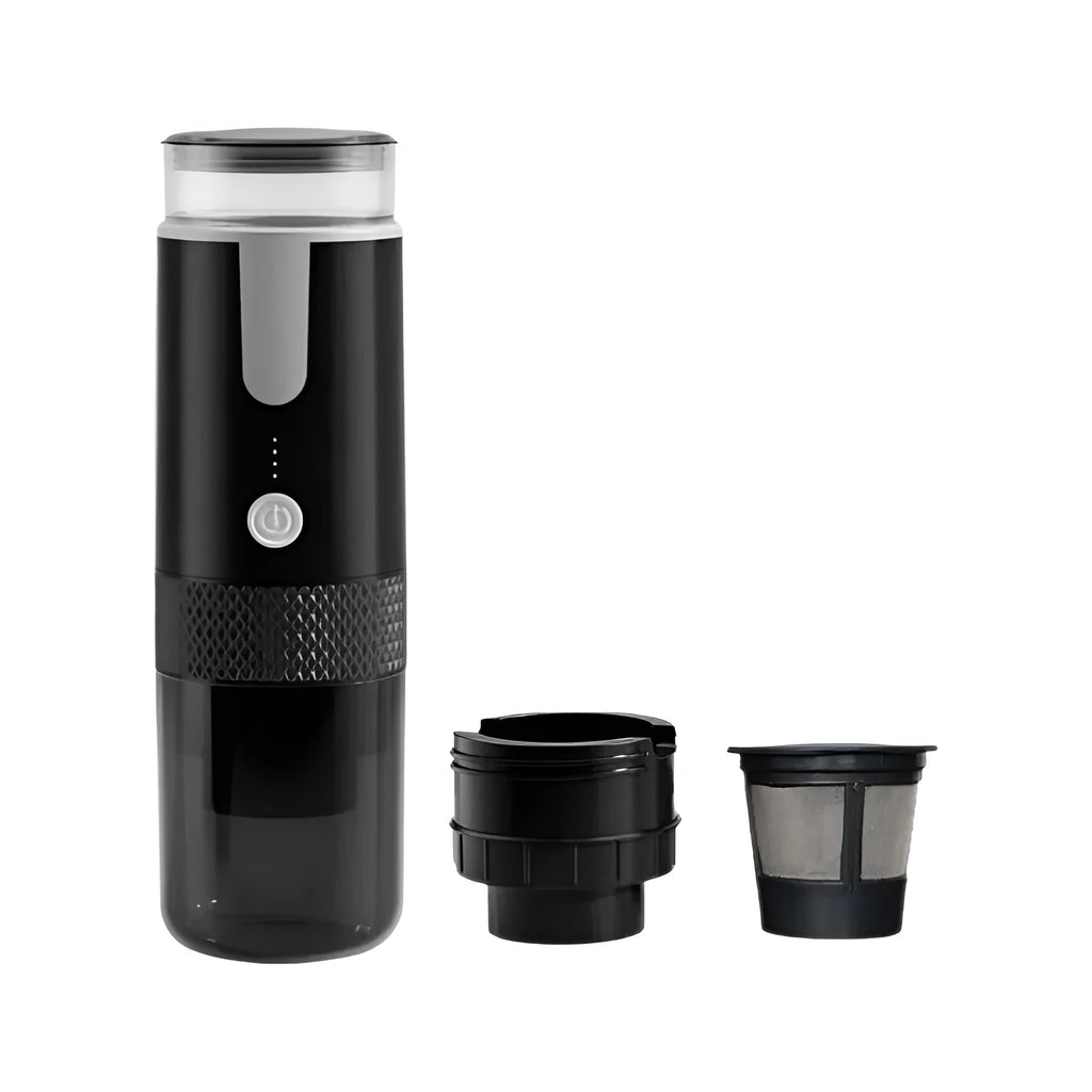 Black portable wireless K-Cup coffee machine for vehicle and outdoor use
