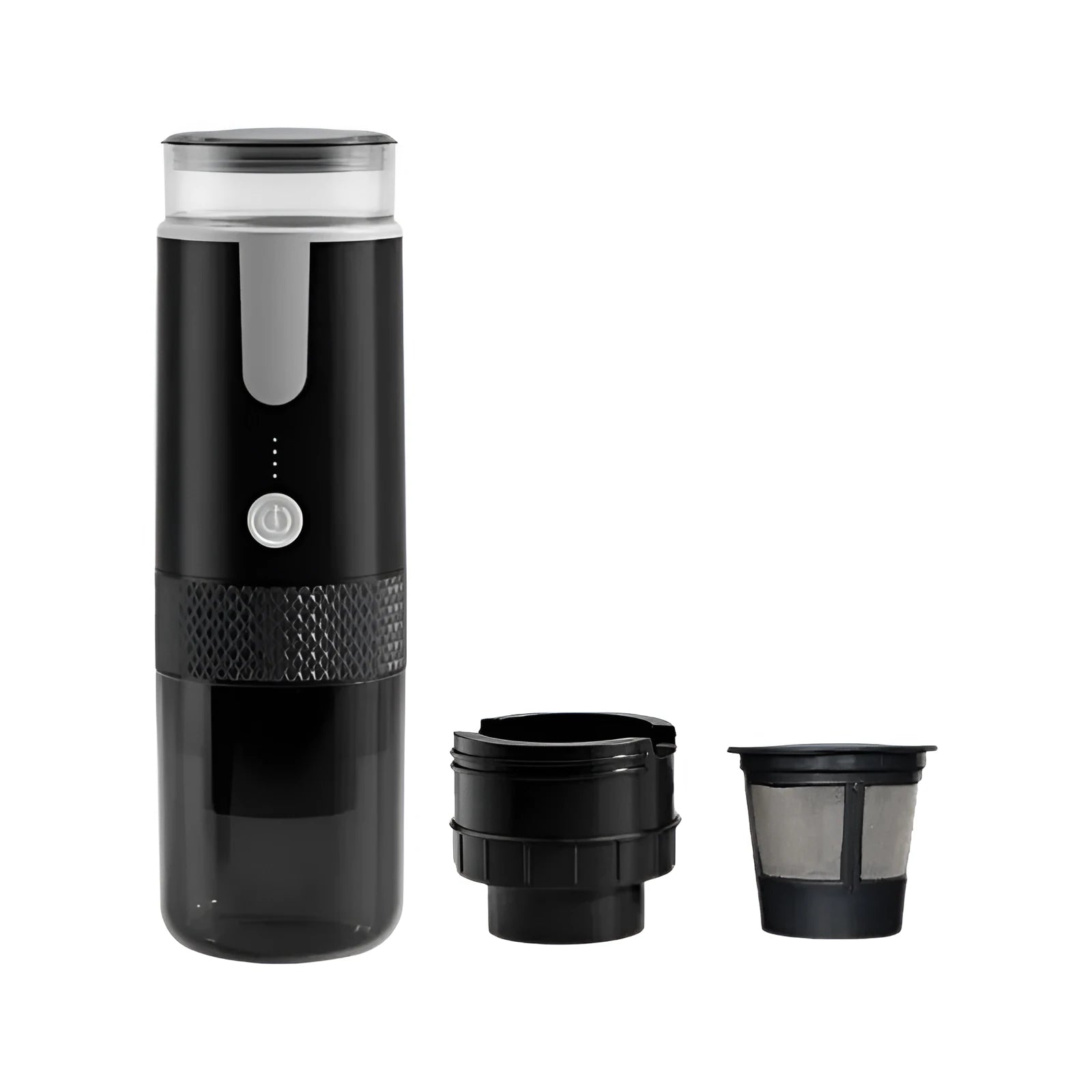 Black portable wireless K-Cup coffee machine for vehicle and outdoor use